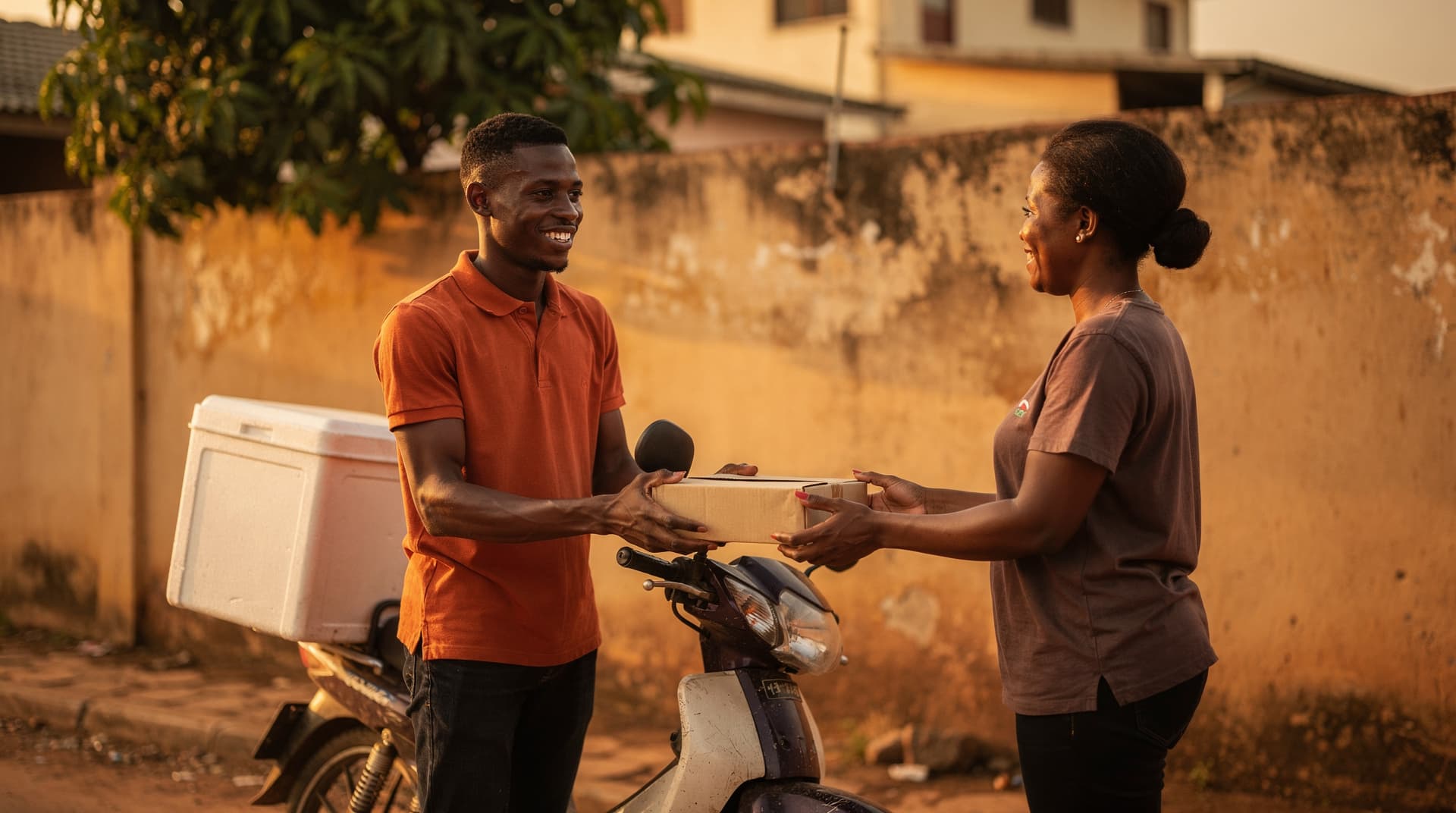 Un coursier Sanifers remet un colis à une cliente devant chez elle, en fin de journée à Abidjan.