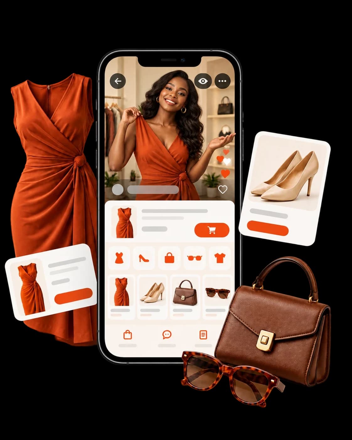 Une vendeuse en robe portefeuille rouille présente l’article en direct dans l’application Sanifers, avec la robe, les escarpins, le sac et les lunettes à acheter sous la vidéo.