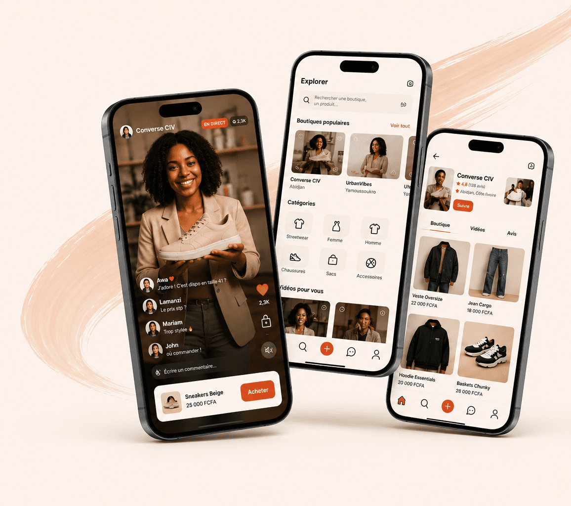 Les écrans de l’application Sanifers : un direct de vente, l’explorateur de boutiques et la page d’une boutique.